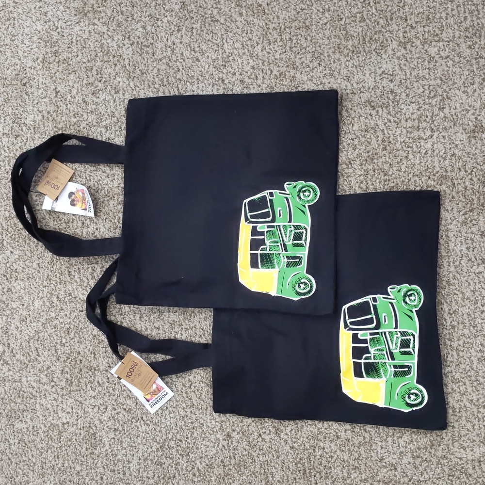 Freesetglobal fair trade tuk-tuk tote bag set of 2 new black reusable co…